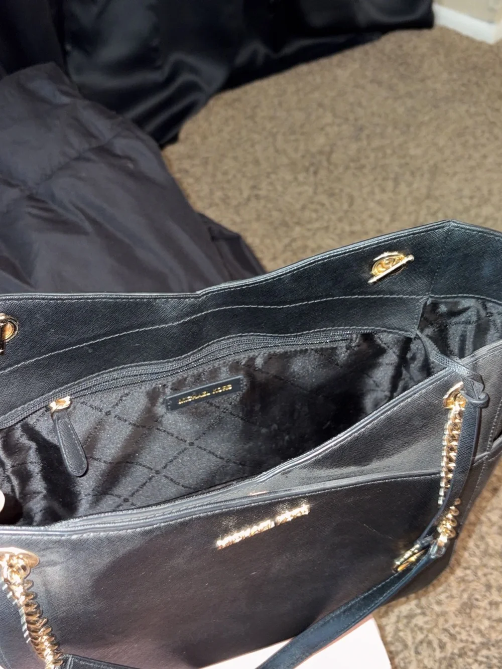 Michael Kors Black Saffiano Tote with Gold Chain Accent